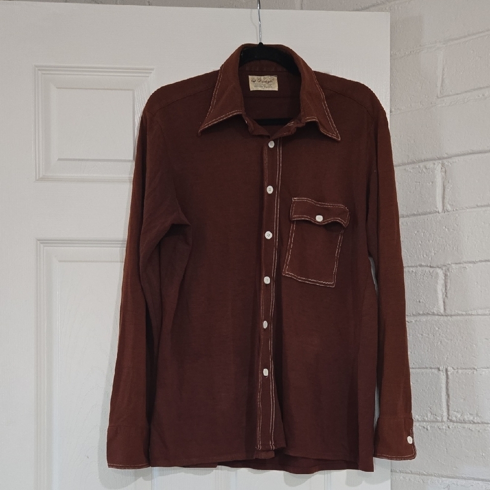 Vintage Donegal Brown Button-Up Shirt with White Stitching Size Large